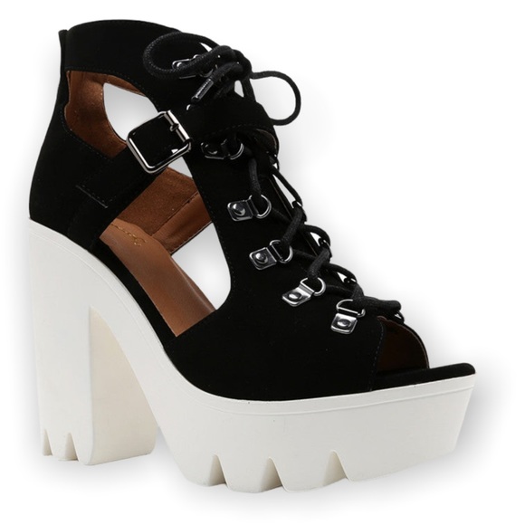 Qupid Shoes - Qupid CRANK Black Lace Up Lug Sole Ultra Platform Bootie Heel Sandals